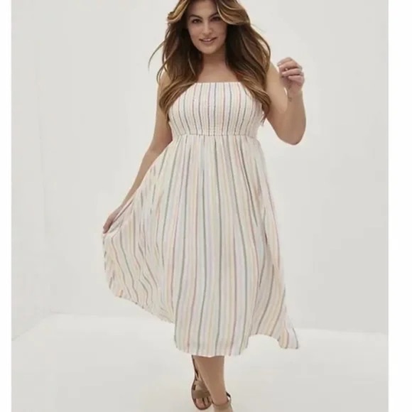 Torrid Ruffle Strap Midi Challis Pastel Smocked Striped Dress Size 0 or Large - Picture 2 of 9